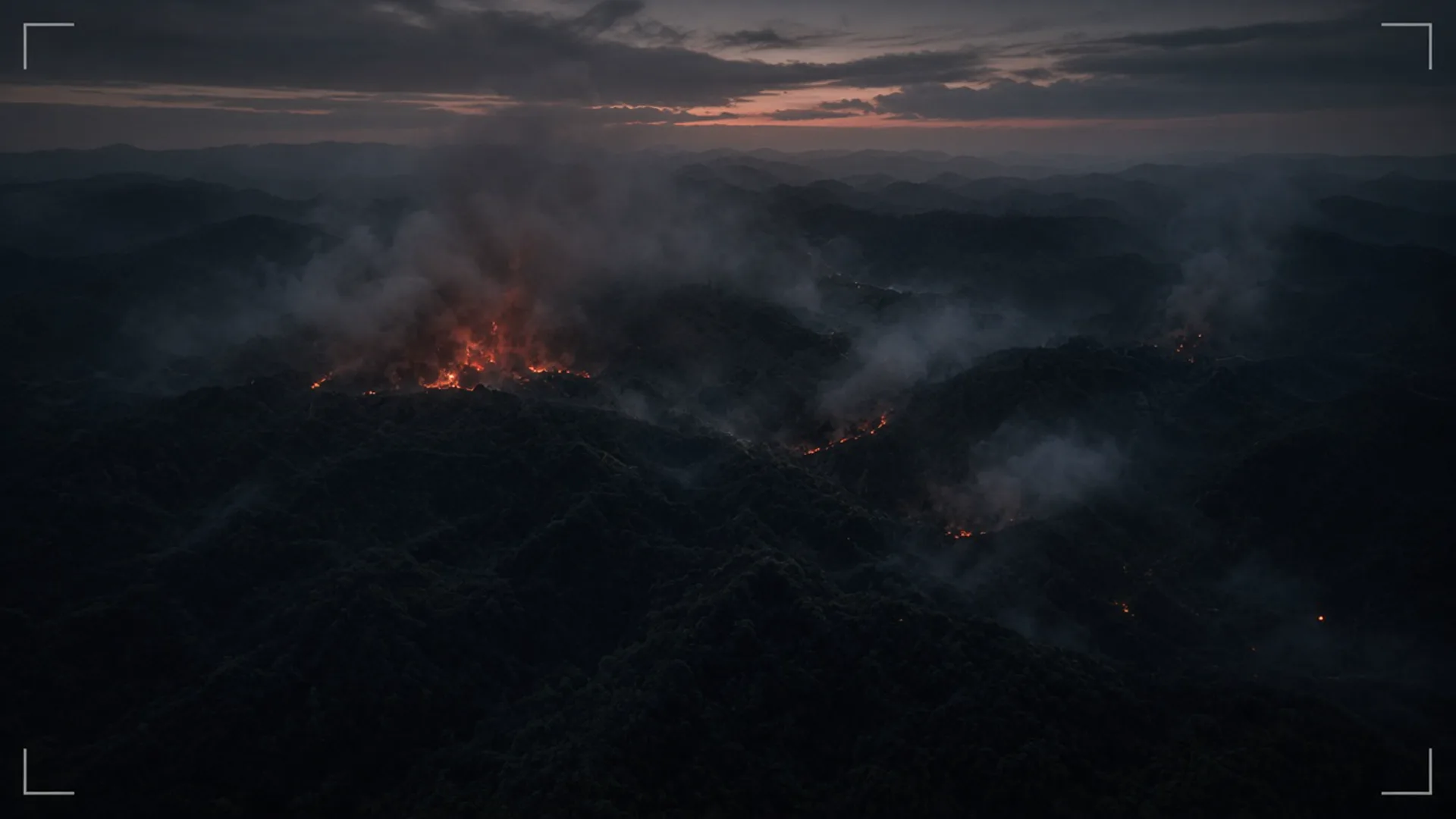 Aerial sensor view of wildfire glow and smoke across forested ridges at twilight — lens/viewfinder framing as from an airborne monitoring platform